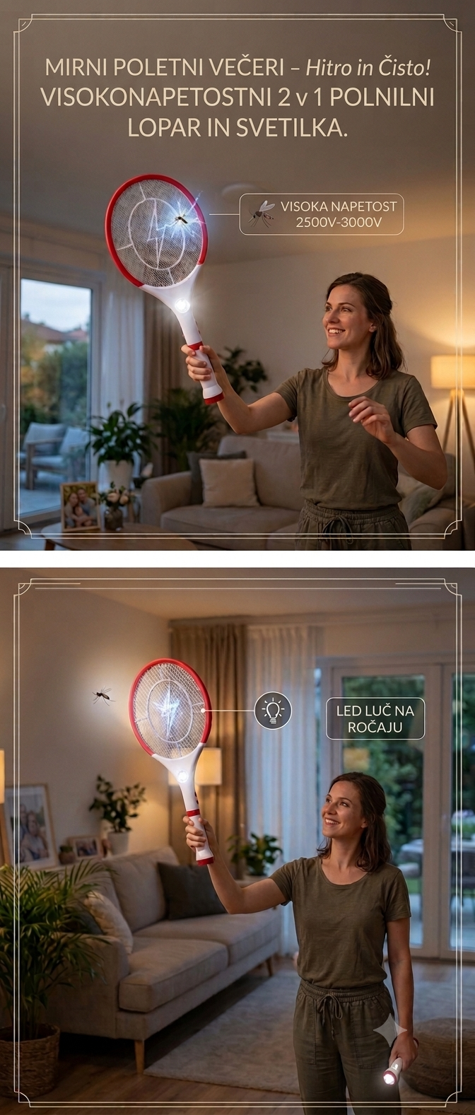 Električni lopar za komarje in mrčes z LED svetilko